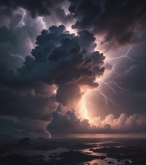 Dense, brooding cloudscape; vibrant lightning illuminates the oppressive gloom ,  light,  stormy weather