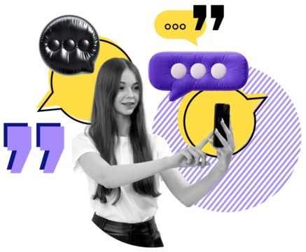 Girl taking selfie with phone surrounded by purple and yellow speech bubbles, symbols, and quote marks in creative collage style on white background