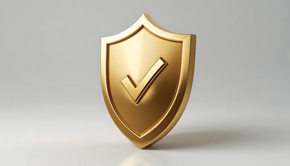 A golden shield icon with a checkmark symbol representing security and protection. Elegant and modern 3D illustration isolated on a gray background.