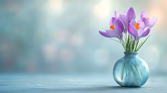 A delicate purple crocus in a vase on a blurred pastel blue background.