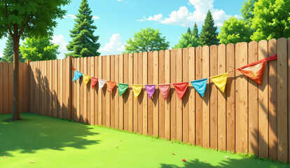 Colorful Bunting Flags on a Wooden Fence in a Backyard