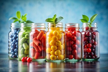 Colorful Vitamin Supplements in Minimalist Jars: Healthy Nutrition & Wellness
