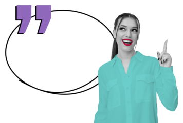 Woman in turquoise shirt pointing up with a large quote bubble beside her, stylized on white background, representing ideas, communication, or messaging