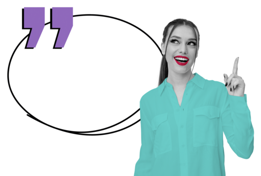 Woman in turquoise shirt pointing up with a large quote bubble beside her, stylized on white background, representing ideas, communication, or messaging - Powered by Adobe