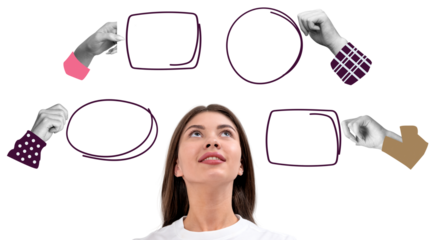 Woman looking up at empty speech bubbles held by different hands in colorful sleeves, minimalist style on white background, concept of communication ideas