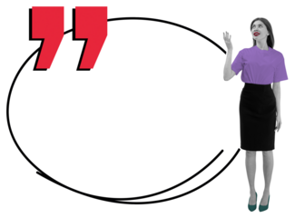 Woman in purple top andskirt pointing to large quote bubble, collage style with red quotation marks, isolated on white background, communication concept