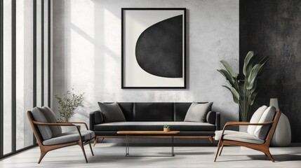 Modern living room with black sofa, artwork, and large windows.