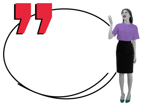 Woman in purple top andskirt pointing to large quote bubble, collage style with red quotation marks, isolated on white background, communication concept