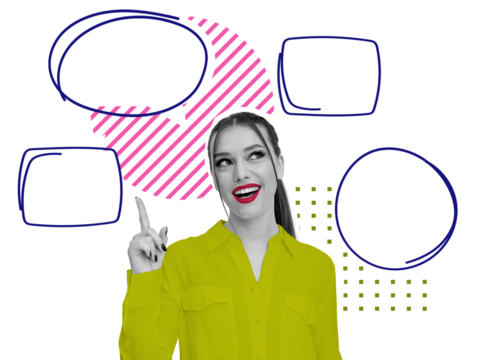 Young woman in yellow shirt pointing upward, surrounded by doodle-style speech bubbles, isolated on white background, concept of creative communication - Powered by Adobe