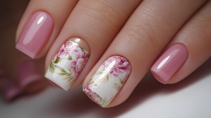 Elegant hand with beautifully manicured nails featuring intricate floral designs and soft pink polish enhancing natural beauty