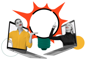 Two women in colorful clothes appear from laptops with a lightbulb and abstract shapes behind them, on isolated white background with modern collage style