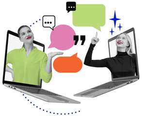 Two women appear from laptops exchanging colorful speech bubbles, collage style on white background. Concept of virtual discussion and online communication