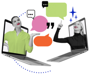 Two women appear from laptops exchanging colorful speech bubbles, collage style on white background. Concept of virtual discussion and online communication