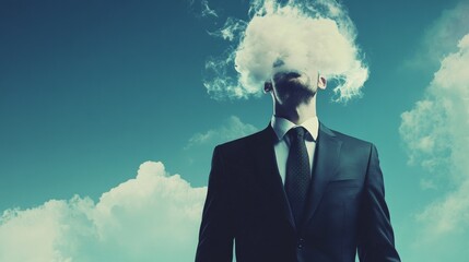 Surreal man in suit with head in clouds for fantasy imagination dream metaphor sky escape creativity identity scene