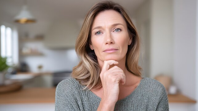 A contemplative middle-aged woman with light brown hair wearing a green sweater stands in a modern kitchen with her hand on her chin deep in thought