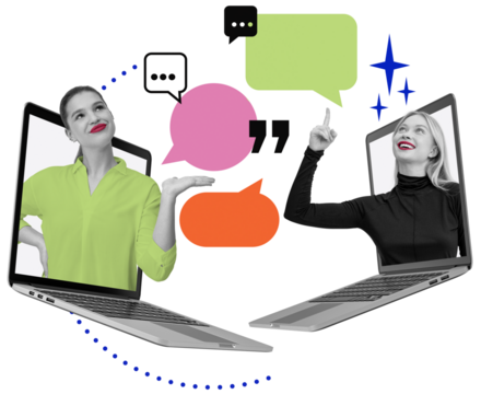 Two women appear from laptops exchanging colorful speech bubbles, collage style on white background. Concept of virtual discussion and online communication