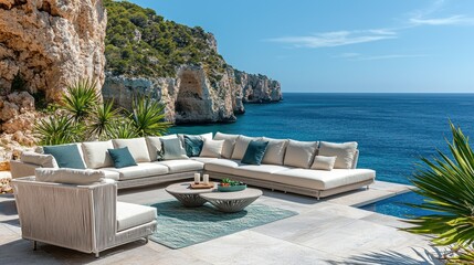 Coastal outdoor seating area with a stunning ocean view