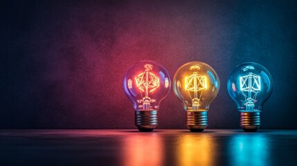 Creative glowing light bulbs in colorful reflections for energy concept ideas imagination inspiration electricity futuristic dark scene