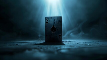 Ace of Spades Focus: A single ace of spades card standing upright, with a dark, mysterious background and spotlight effect. 
