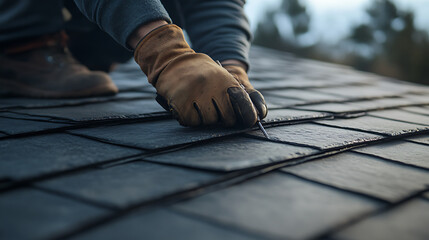 Roofing Contractor Installing Slate Tiles