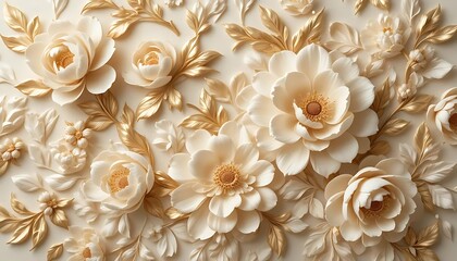 Elegant 3D floral composition with gold leaves and white petals. Luxurious decorative flower arrangement isolated on a beige background.