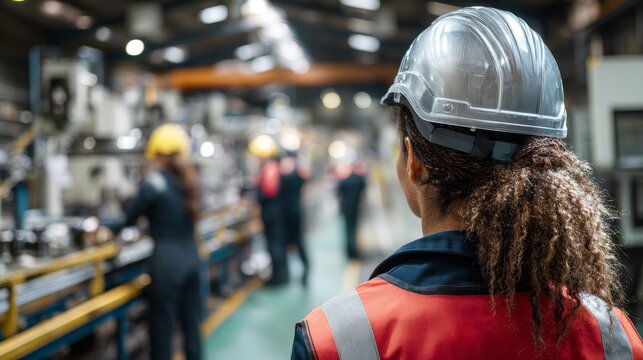 Female Factory worker wearing a safety helmet in the background of a production line