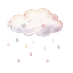 Cute childish watercolor cloud with a smile and eyes with raindrops. Hand drawn watercolor illustration for for kids greeting cards or children design or wall art.