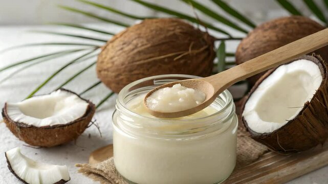 Coconut oil in jar with spoon and coconut shells on a table  