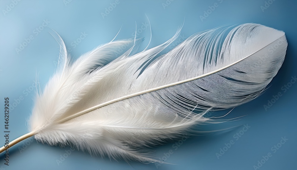 Poster delicate white feather on blue background for minimalist web design, spring branding, print material