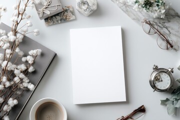 Blank book, coffee, gifts, flowers