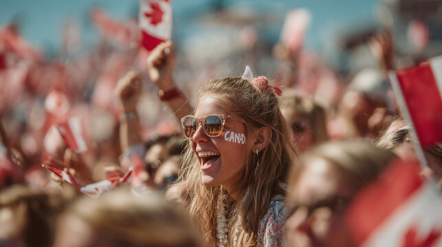 Excited Woman Cheering with Flags During Canada Day Celebration in Crowd - Powered by Adobe