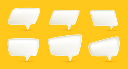 Vector illustration of set of realistic different size shape white color speech bubble on yellow background. 3d cartoon style design of text speech bubble. Social media symbol of communication icon