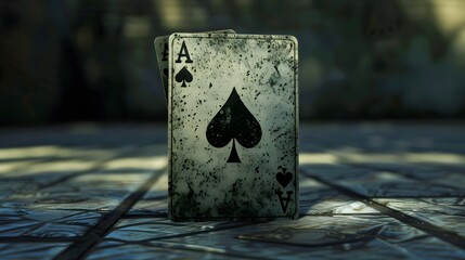 Ace of Spades Focus: A single ace of spades card standing upright, with a dark, mysterious background and spotlight effect. 
