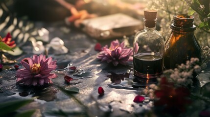Glass bottle and flowers on water reflection for nature calm herbal essential oil floral therapy aromatherapy