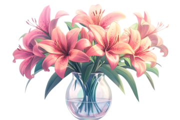 Pink Lilies in Glass Vase on Transparent Background