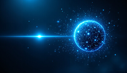 Obraz premium A glowing blue orb with a bright light beam in a dark, starry background