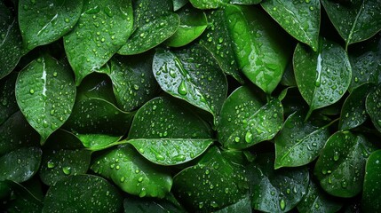 Fototapeta premium Foliage of tropical leaf in dark green with rain water drop on texture, abstract pattern nature