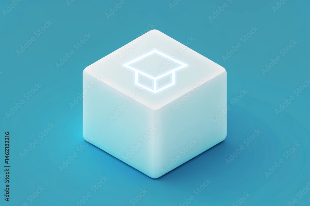 Poster simple glowing cube containing digital knowledge symbols illuminated cube featuring a graduation cap
