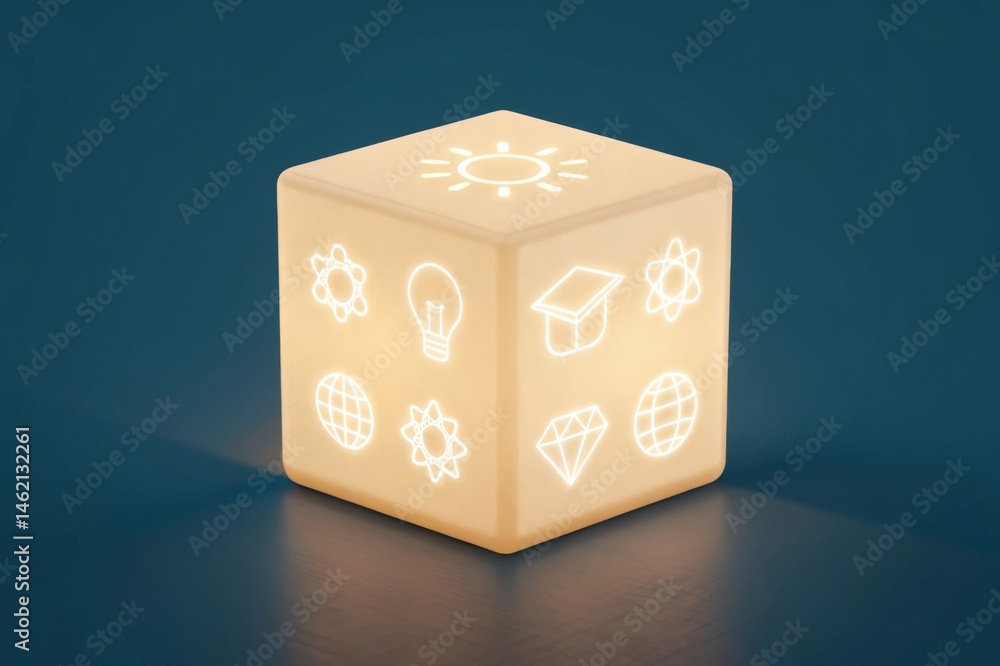 Poster simple glowing cube containing digital knowledge symbols illuminated cube with educational symbols o