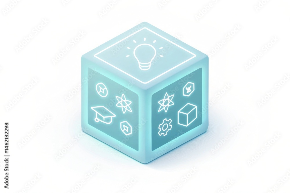 Aufkleber simple glowing cube containing digital knowledge symbols futuristic design of a cube featuring vario