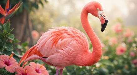 Obraz premium Captivating portrait of a flamingo amidst a botanical garden setting