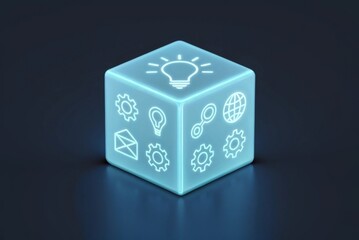 Simple glowing cube containing digital knowledge symbols Translucent cube with icons representing creativity and innovation.