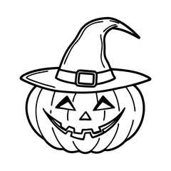 Cute Halloween Line Art Pumpkin with Witch Hat Cartoon Illustration on White Background, Halloween Line Art, Cartoon Pumpkin Drawing, Witch Hat Sketch, Spooky Pumpkin Outline