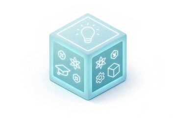 Simple glowing cube containing digital knowledge symbols Futuristic design of a cube featuring various educational icons and a lightbulb.