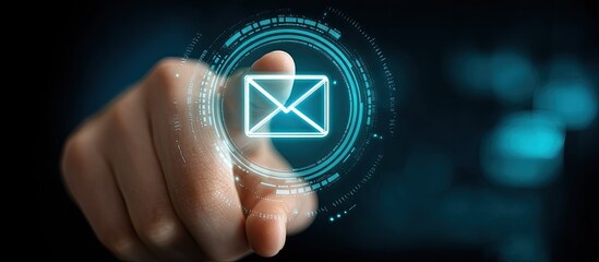 A hand interacts with a glowing email icon on a digital interface