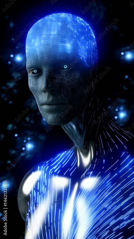 Poster close up of a futuristic humanoid robot covered in binary code, looking at the viewer with glowing e