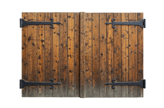 Rustic wooden doors brown panels black iron hinges vintage entrance isolated on a transparent background