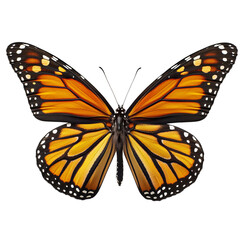 Fototapeta premium Monarch butterfly with orange and black wings against a white background. The butterfly's wings are fully spread, showing its intricate details. 