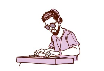 Hand-drawn illustration of DJ artist in Psychedelic Vibes – Vibrant Music Festival Wallpaper for Music Lovers