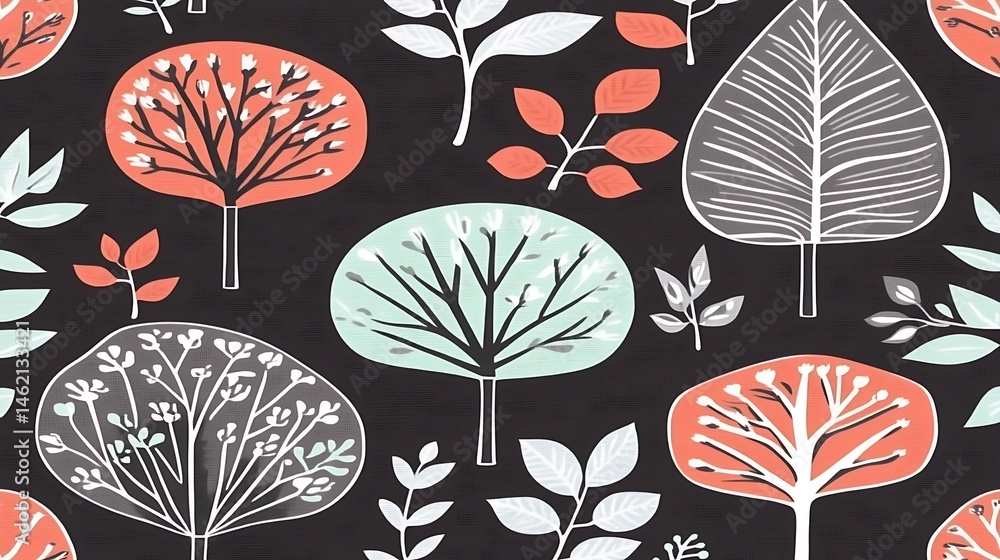 Aufkleber stylized botanical pattern with minimalist trees and leaves on dark background